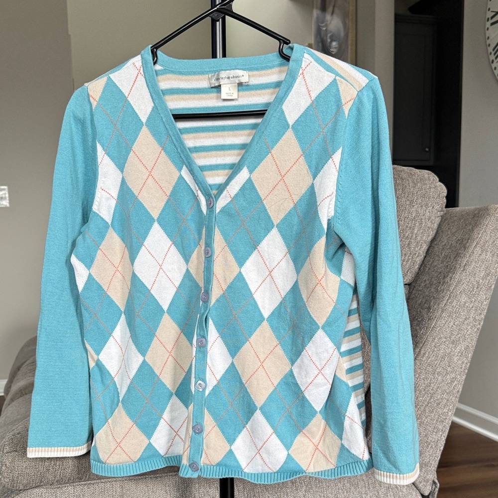 Christopher& Banks teal,white and Beige Argyle Cardigan sweater